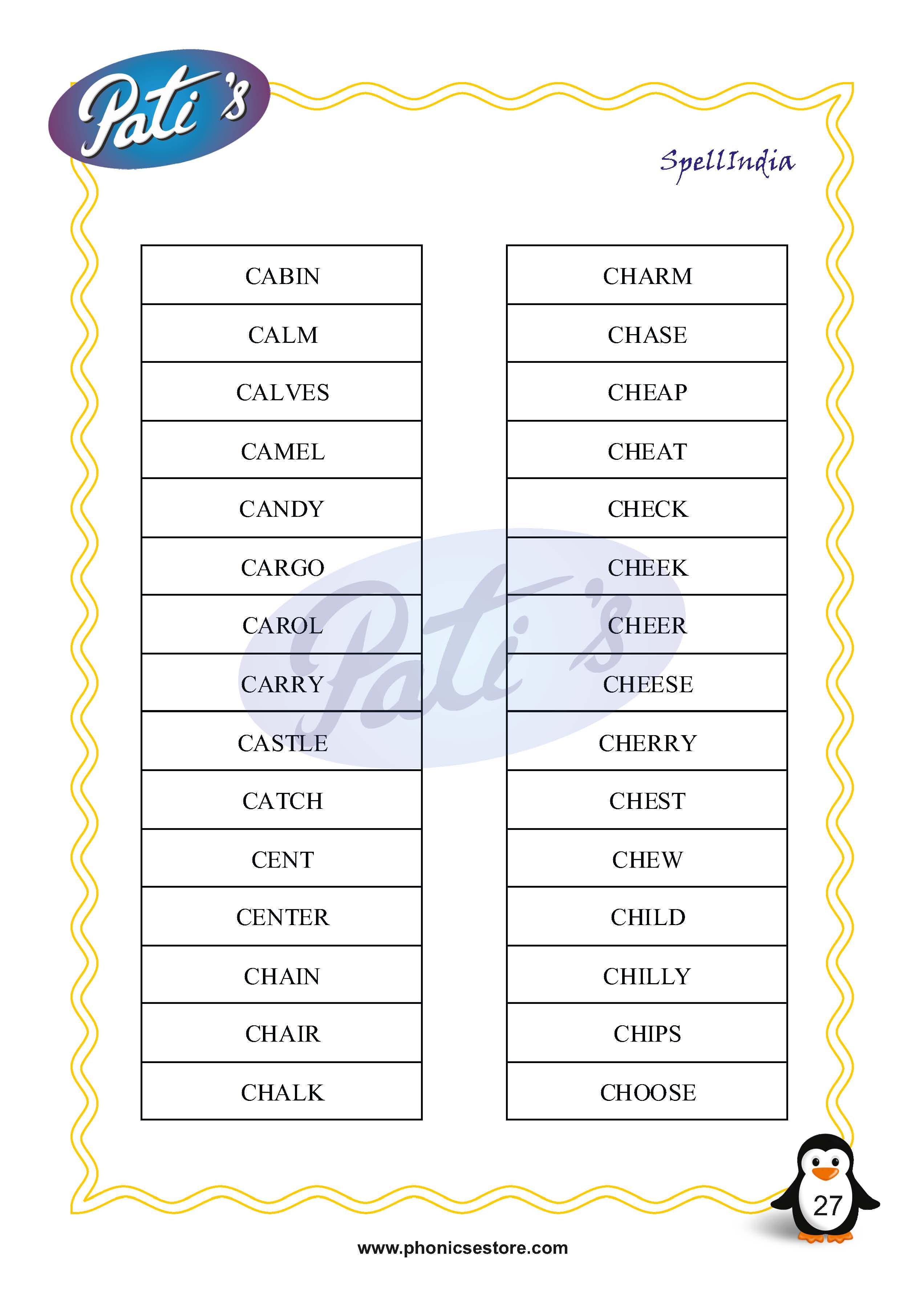 Pati Spelling Bee word list Class 1 Grade 1